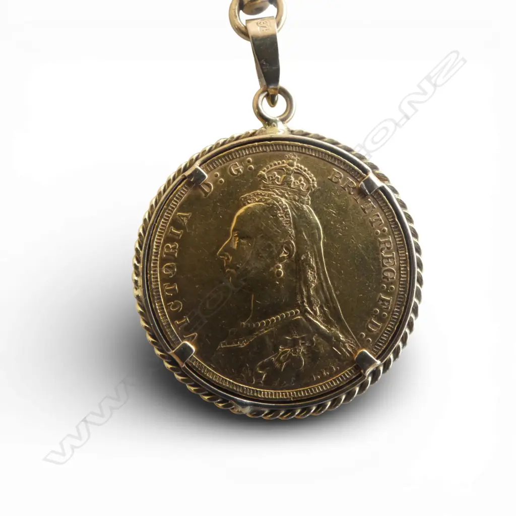 1891 FULL SOVEREIGN ON 9ct MOUNT, CHAIN & T-BAR 40.97gms Image 1++