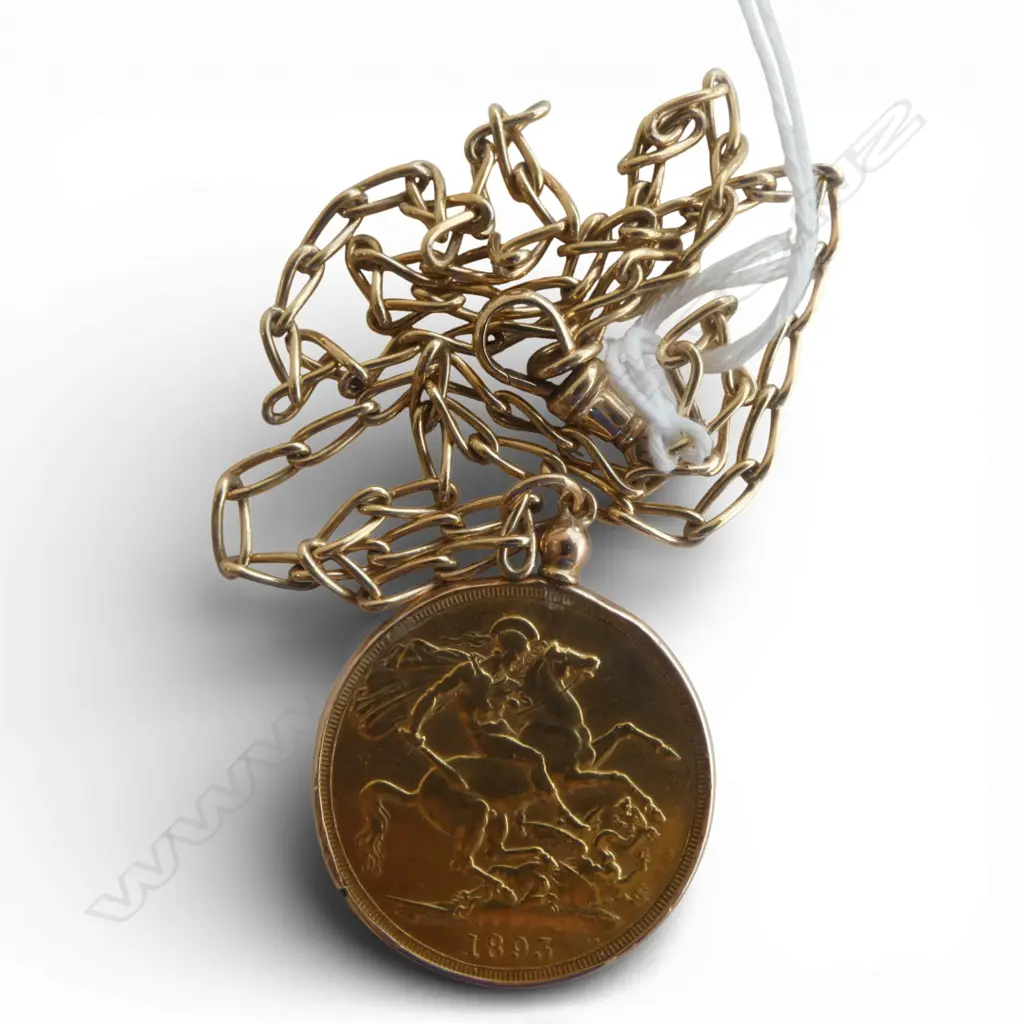 Uncommon 22ct GOLD1893 DOUBLE SOVEREIGN (double the size)  in 9ct GOLD MOUNT on 9ct GOLD CHAIN. 26.43gms total Image 1++