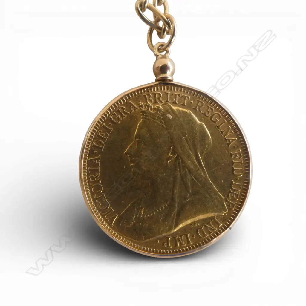 Uncommon 22ct GOLD1893 DOUBLE SOVEREIGN (double the size)  in 9ct GOLD MOUNT on 9ct GOLD CHAIN. 26.43gms total Image 1++