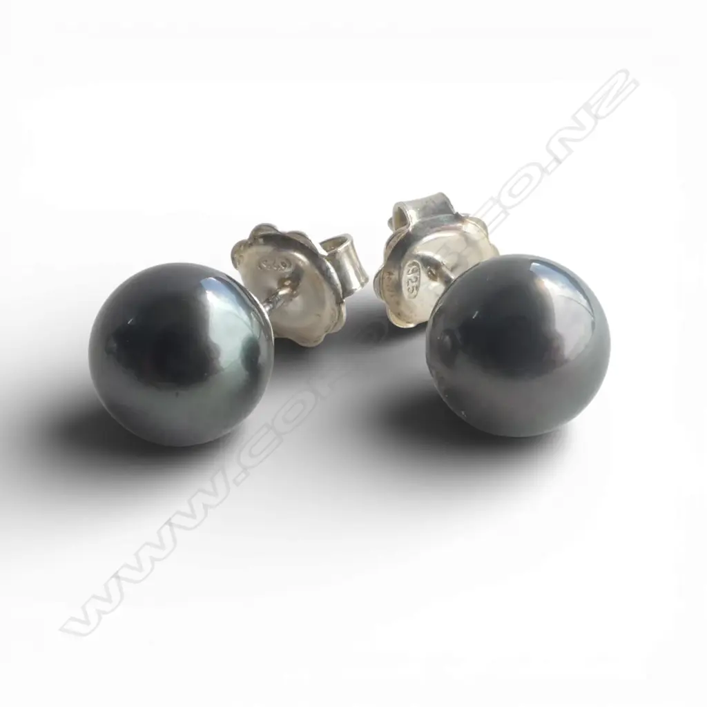 PR SILVER & BLK TAHITIAN PEARL STUD EARRINGS Image 1++