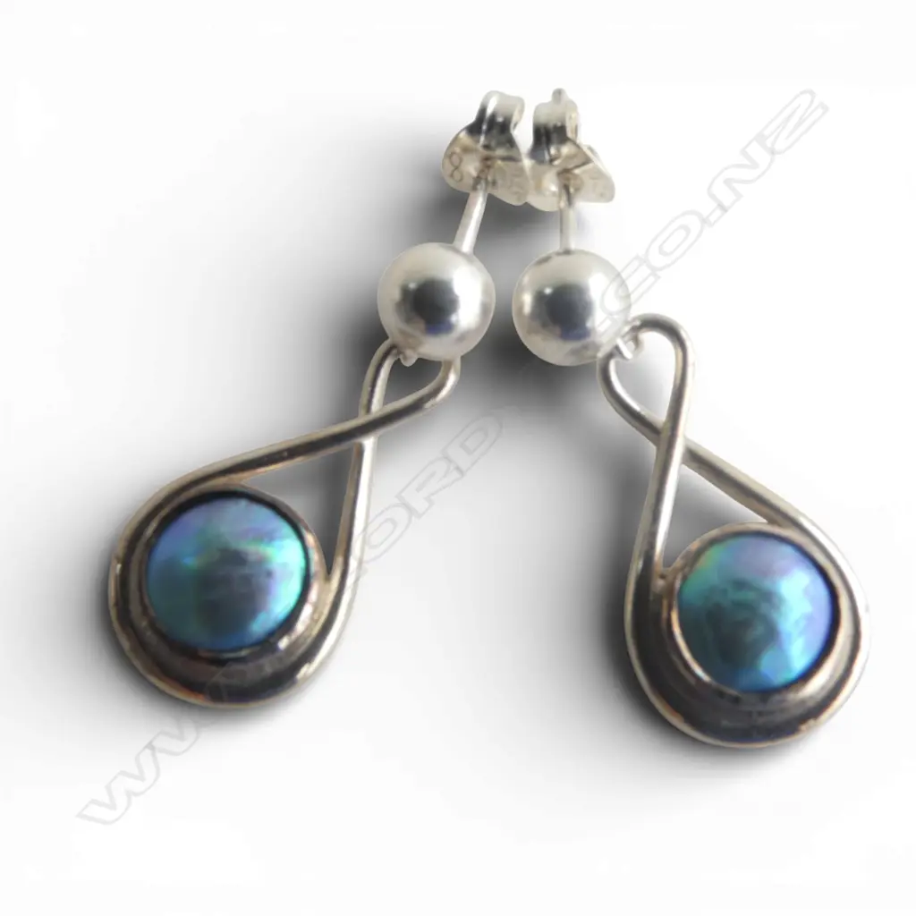 SILVER & PAUA PEARL EARRINGS, new old stock Image 1++