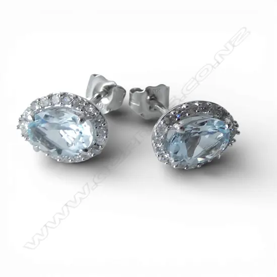 PR 10ct AQUAMARINE & DIAMOND STUD EARRINGS, 1.5gm