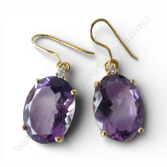 14ct GOLD AMETHYST & DIAMOND EARRINGS, 5gms, french hook backs