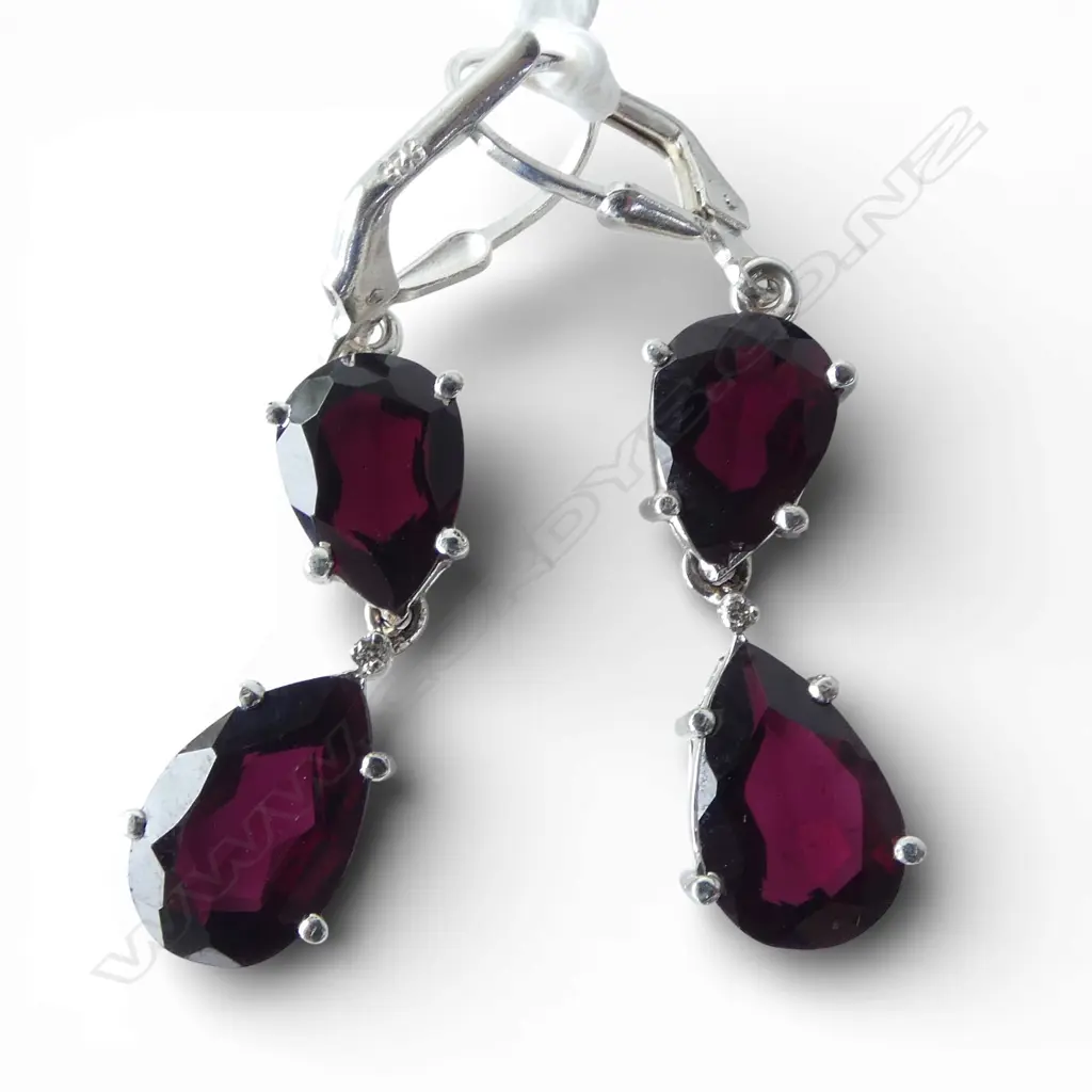 PR SILVER GARNET & WHT SAPPHIRE EARRINGS, continental backs Image 1++