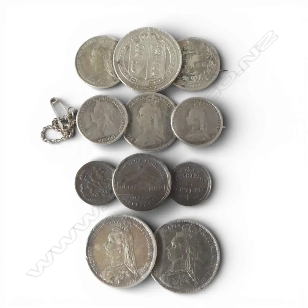3 VICTORIAN SILVER? COIN BROOCHES + AUCKLAND 3 COIN INDUSTRIAL EXHIBITION SOUVENIR BROOCH Image 1++