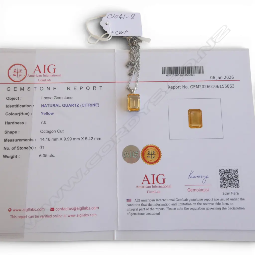 SILVER PLATED OCTAGON CUT CITRINE PENDANT on CHAIN, 6.05ct, AIG CERT Image 1++