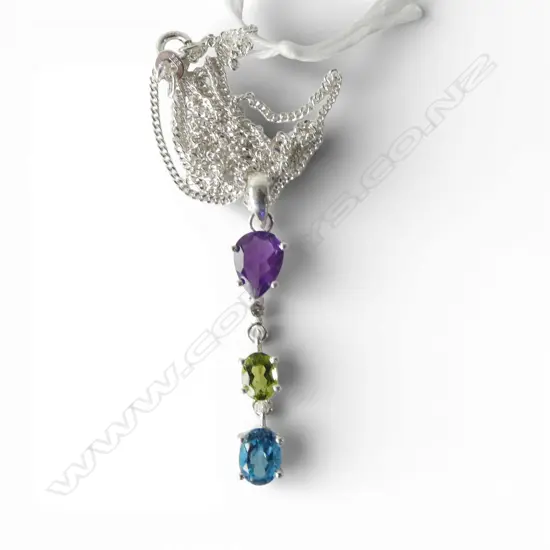 SILVER AMETHYST, WHT SAPPHIRE , PERIDOT & BLUE TOPAZ PENDANT on SILVER CHAIN