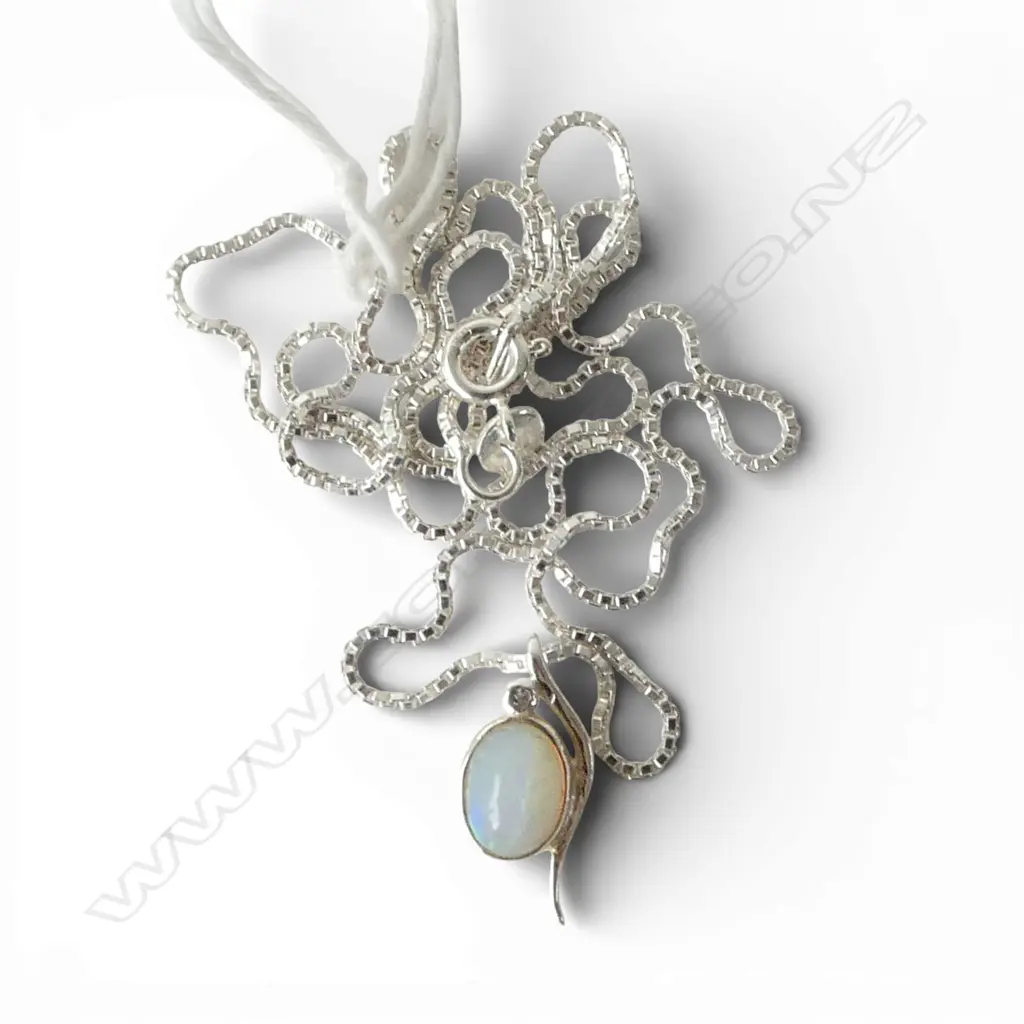 SILVER OPAL & DIAMOND PENDANT on SILVER CHAIN Image 1++