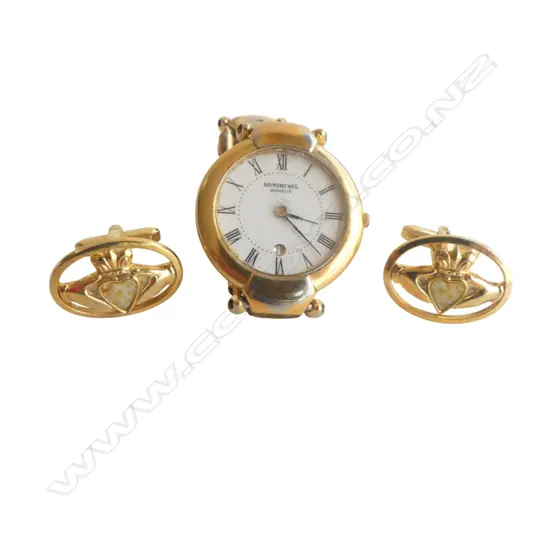 18ct GP RAYMOND WEIL LADIES WRISTWATCH, PR CASED CUFFLINKS WITH CLADDAGH MOTIF