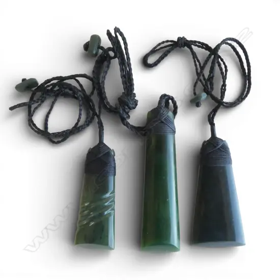 3 POUNAMU HEI TOKI PENDANTS w WAXED CORD BINDING, L.85mm, 2 x 60mm largest tiny chip