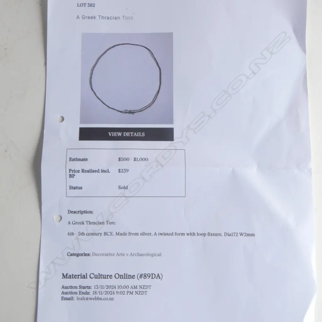 A reputedly  4th - 5thC BCE GREEK THRACIAN SILVER TORC (necklet) with loop fixture Dia.172mm approx. Image 1++