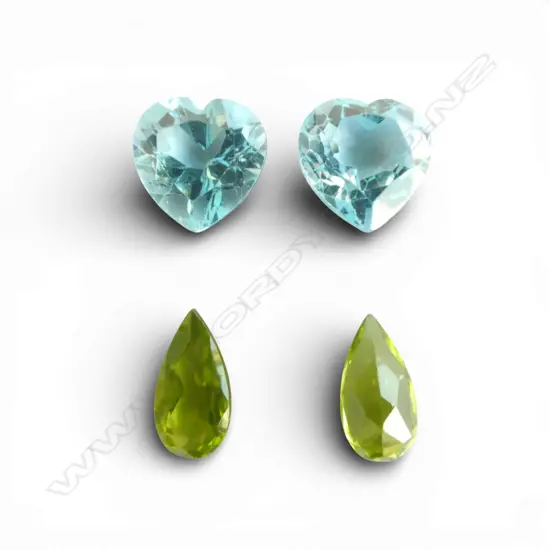 SET LOOSE GEMSTONES; PR BLUE TOPAZ HEART CUT & PERIDOT PEAR DROPS, AIG CERT