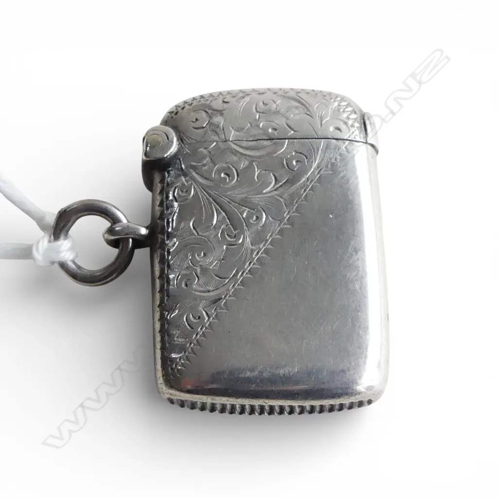 Birmingham 1897 Victorian small SILVER  ENGRAVED VESTA w suspension 12gms Image 1++