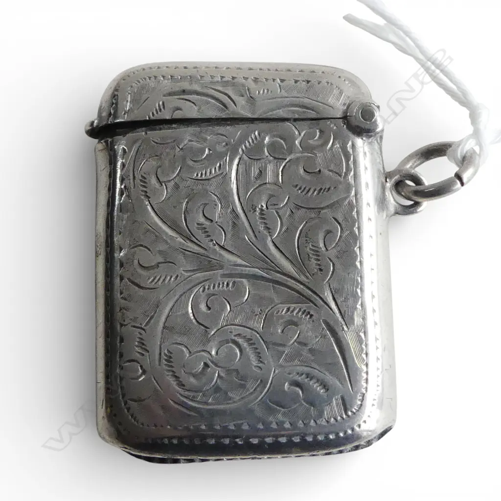 EDWARDIAN SILVER Birmingham 1906 silver engraved vesta w suspension loop 19gms Image 1++