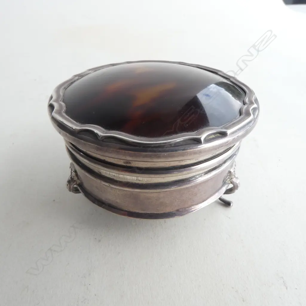 SILVER TORTOISE SHELL TOPPED RING BOX, BIRM.1920, 102gm Image 1++