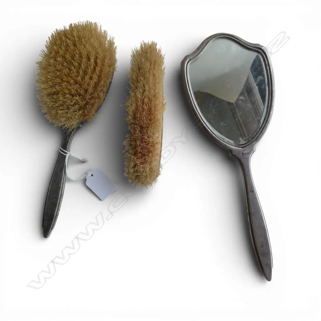 ART DECO 3 PCE STG SILVER & PINK ENAMEL VANITY SET, BIRMINGHAM 1913; ENAMEL SLIGHTLY DAMAGED ON MIRROR Image 1++