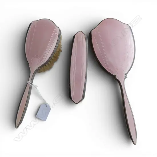 ART DECO 3 PCE STG SILVER & PINK ENAMEL VANITY SET, BIRMINGHAM 1913; ENAMEL SLIGHTLY DAMAGED ON MIRROR