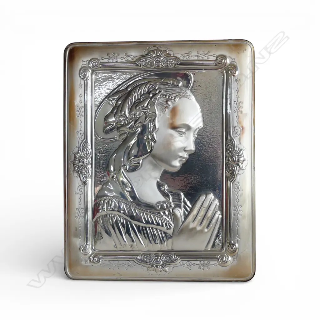 .925 SILVER EMBOSSED MADONNA PANEL 466gms included wooden back 240x190mm Image 1++