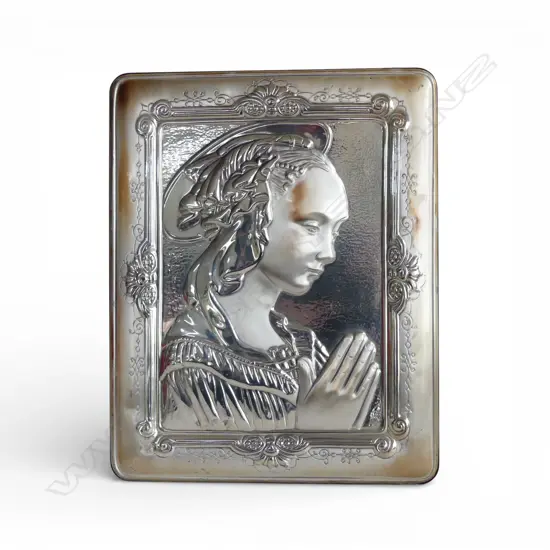.925 SILVER EMBOSSED MADONNA PANEL 466gms included wooden back 240x190mm