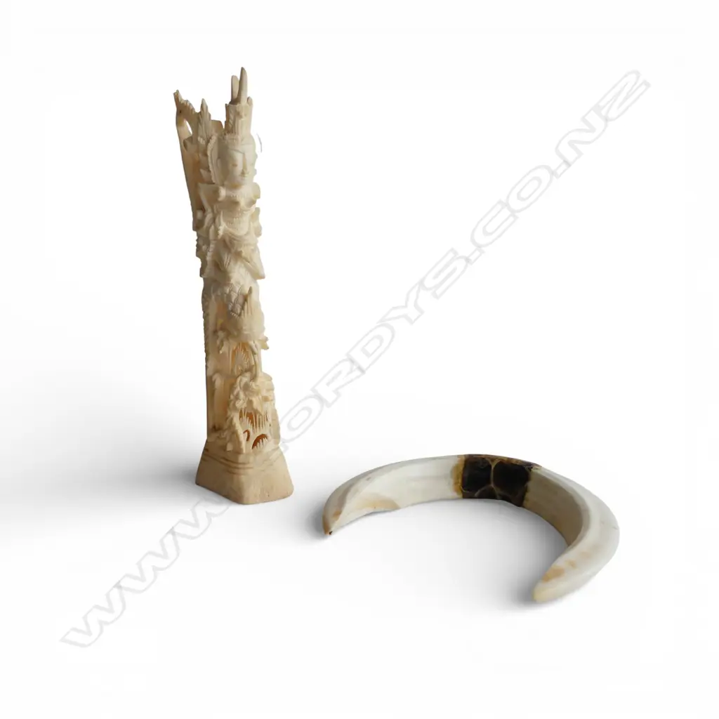 Vintage carved bone Indonesian carving H.170mm + pr pig tusks - joined Image 1++