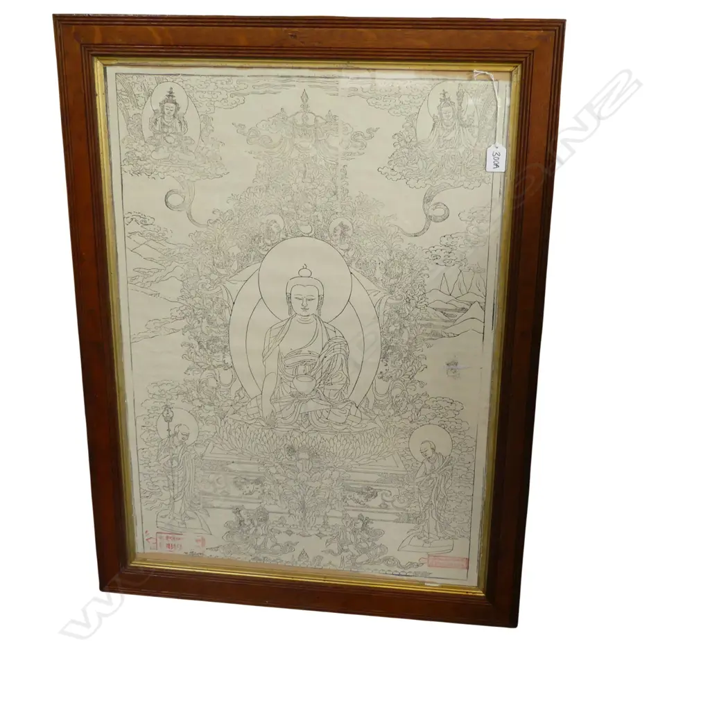 Old Buddhist Tibetan printed Thangka. 720 x 520mm In old frame Image 1++