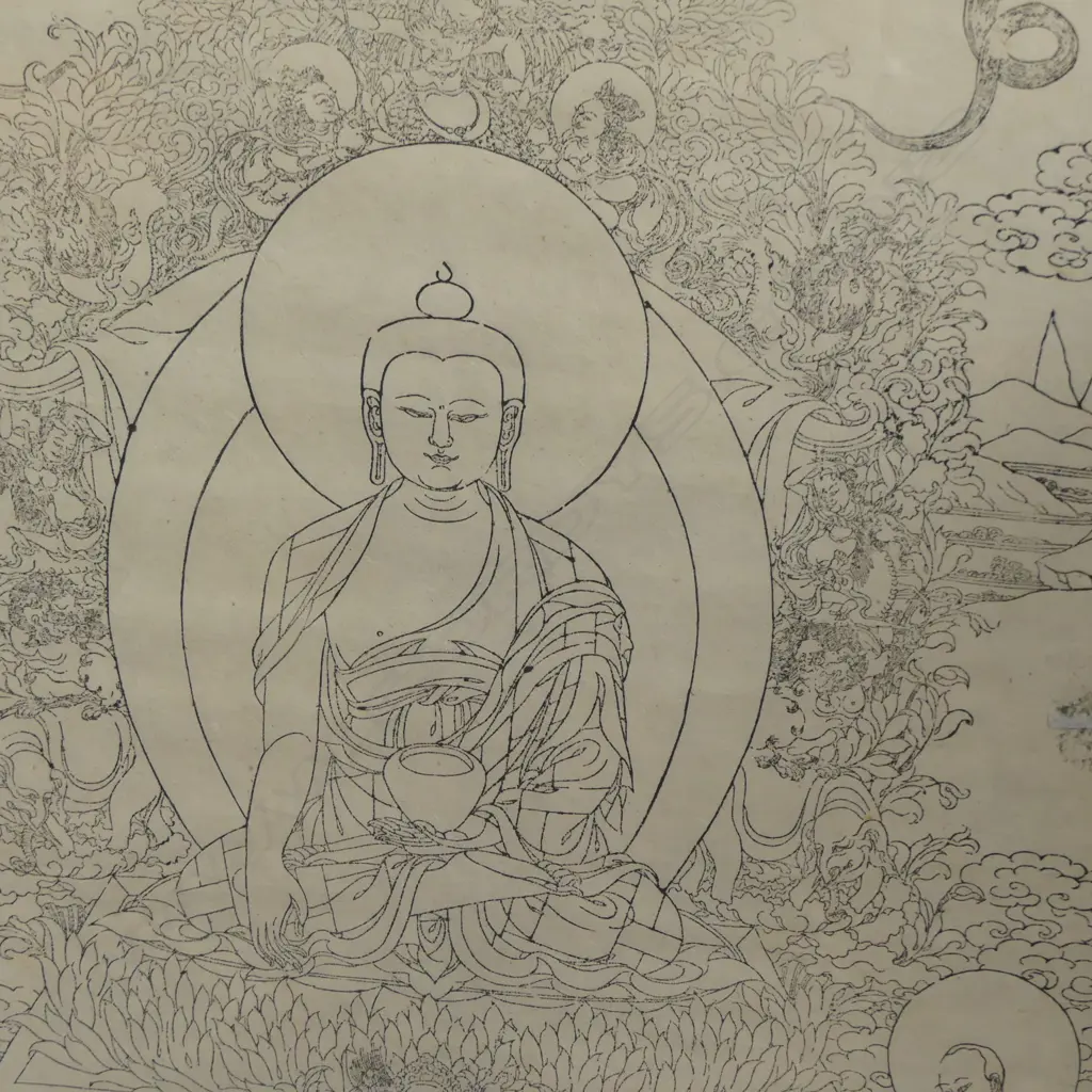 Old Buddhist Tibetan printed Thangka. 720 x 520mm In old frame Image 1++