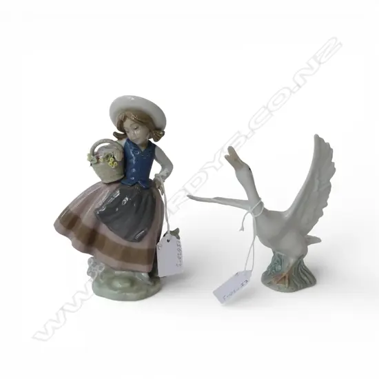 2 PCES LLADRO; GIRL w FLOWER BASKET H.175mm, DUCK H.140mm
