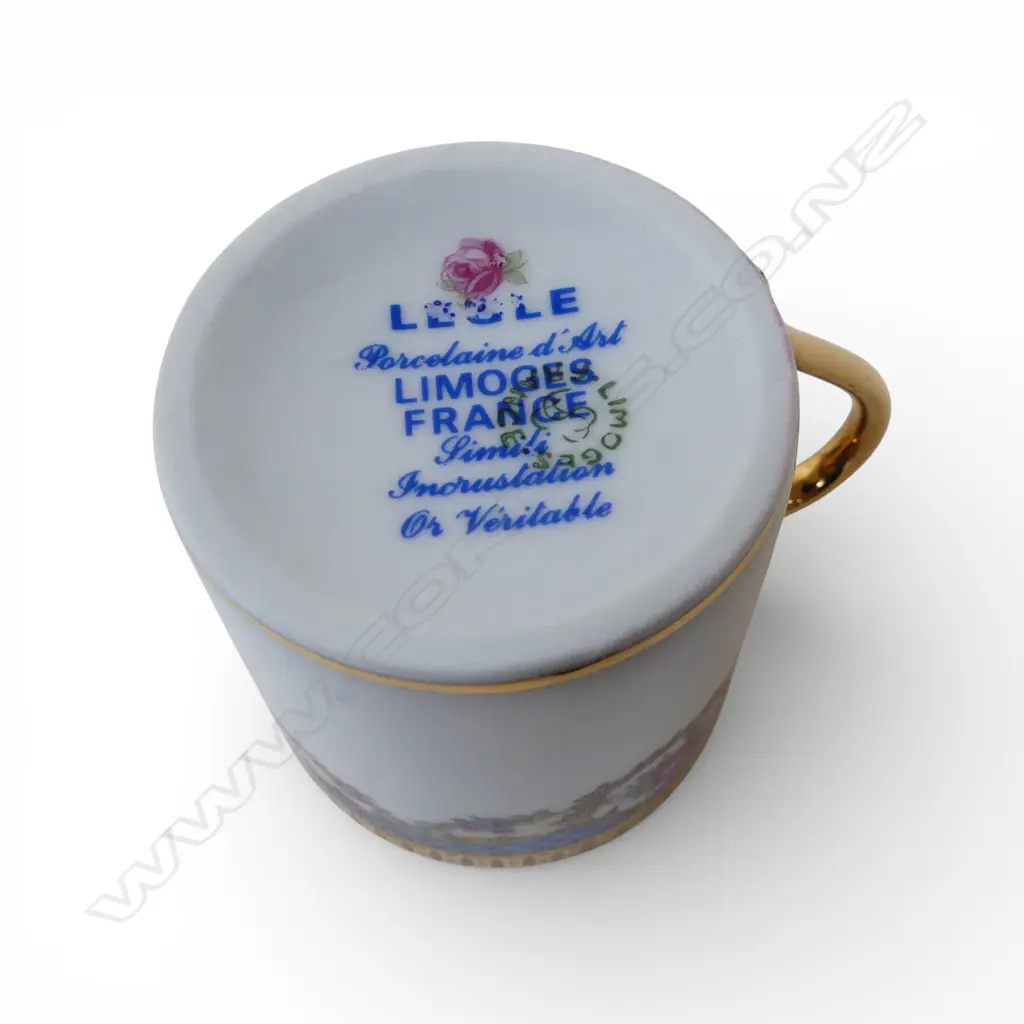 LIMOGES LEGLE PATTERN DEMI-TASSE COFFEE SET, 6 CUPS, 6 SAUCERS, COFFEE POT, SUGAR BOWL, MILK JUG PLUS TWO SERVING PLATES Image 1++