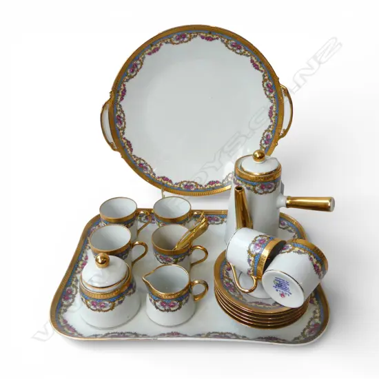 LIMOGES LEGLE PATTERN DEMI-TASSE COFFEE SET, 6 CUPS, 6 SAUCERS, COFFEE POT, SUGAR BOWL, MILK JUG PLUS TWO SERVING PLATES