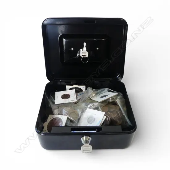 WORLD COINS IN METAL LOCK BOX W.200mm