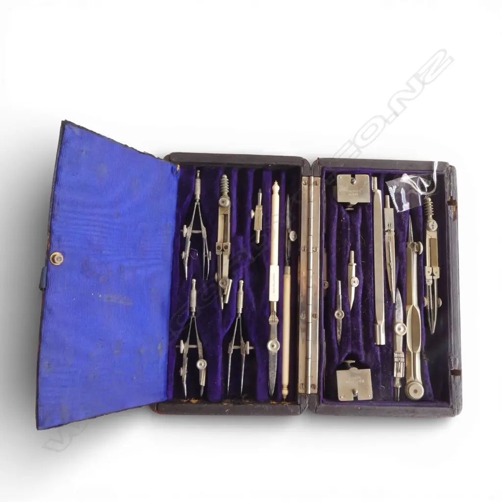 ANTIQUE LEATHER CASED HARLING LONDON TECHNICAL DRAWING INSTRUMENTS, 2 x bone handled Image 1++