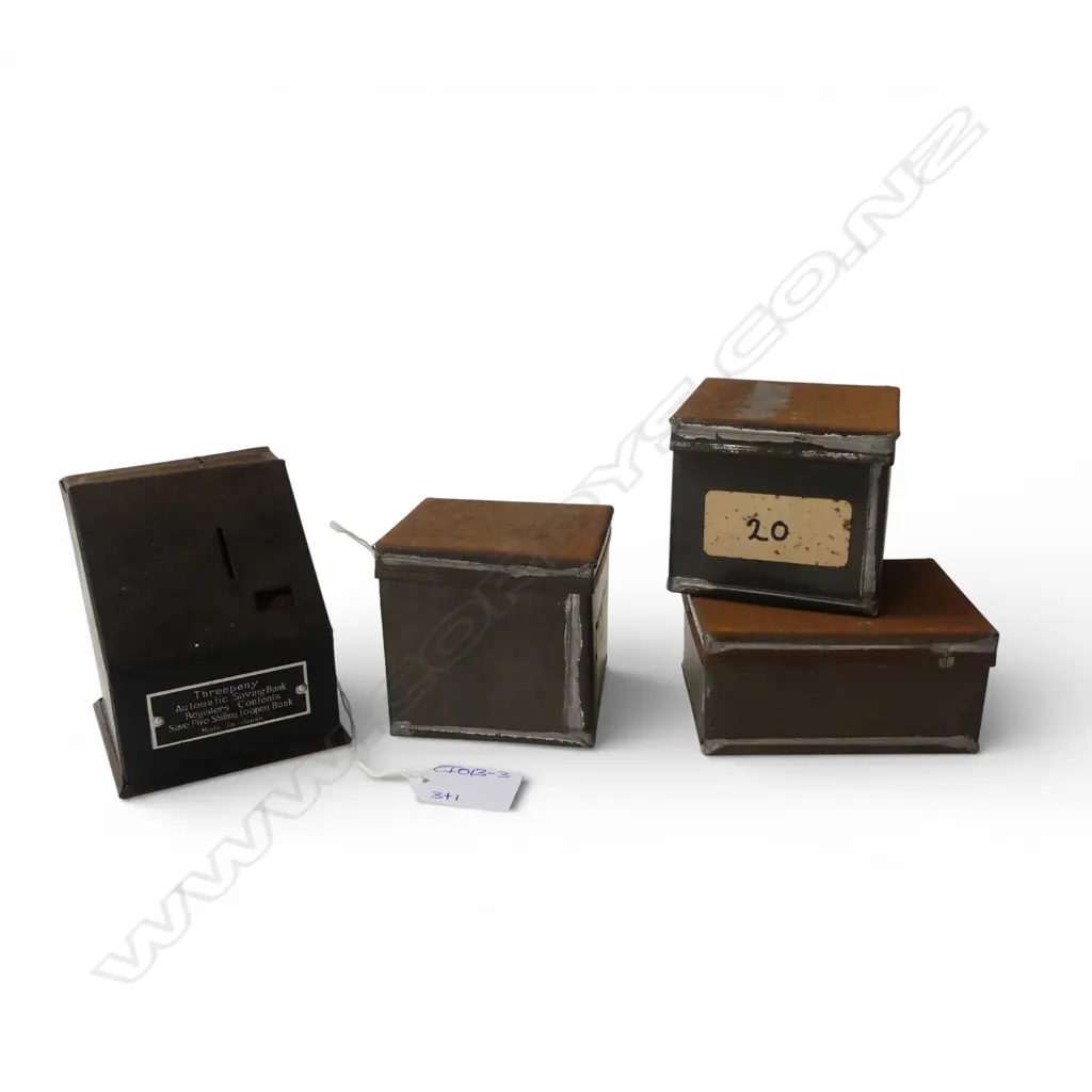 3 VINTAGE METAL MONEY BOXES + THREEPENNY AUTOMATIC SAVINGS BANK - REGISTERS CONTENTS H.95mm Image 1++