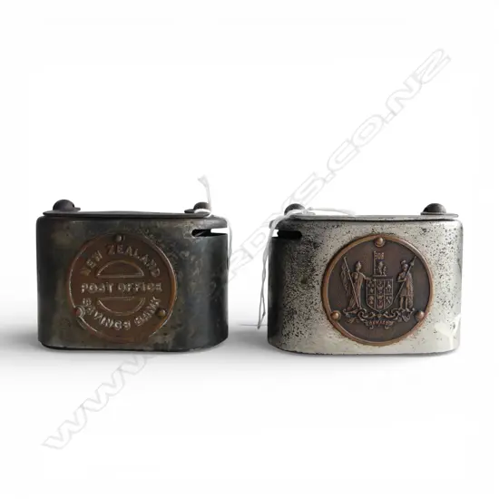2 VINTAGE NEW ZEALAND POST OFFICE SAVINGS BANK METAL MONEY BOXES coin and bank slots, no keys