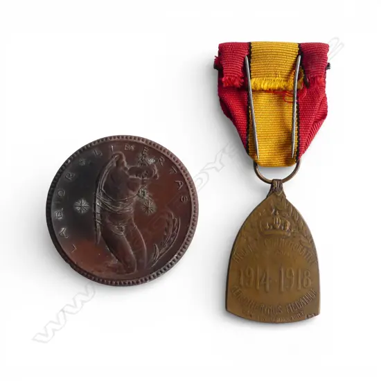 WWI BELGIUM COMEMORATIVE MEDAL + 1922 MEISSEN 30 MARK CERAMIC COIN