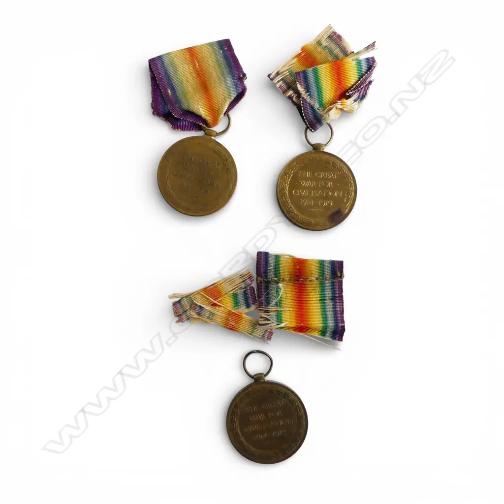 3 WWI VICTORY MEDALS TO E. MADIGAN, F.W. CARTER & A.C. RIDDELL one ribbon intact Image 1++