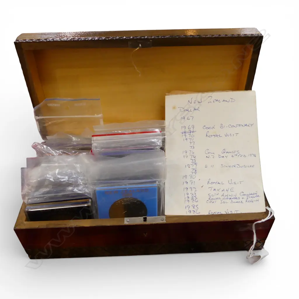 COLLECTION OF ASST. N.Z. COINS, COM. etc IN BOX Image 1++
