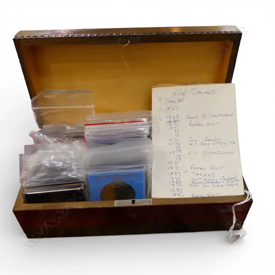 COLLECTION OF ASST. N.Z. COINS, COM. etc IN BOX