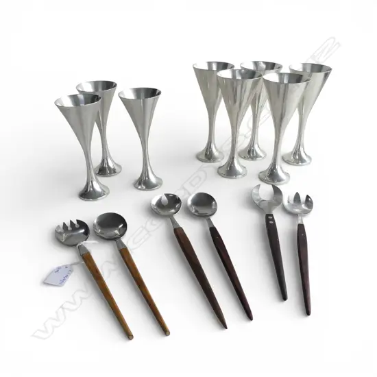 8 SILVER METAL GOBLETS (5+3) H.180mm DENTS, 6 ASST. SERVING SPOONS