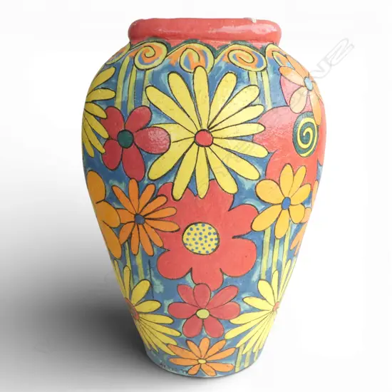 COLOURFULLY GLAZED FLORAL  LGE FLOOR VASE / UMBRELLA STAND Signed Helena '19. H.490mm