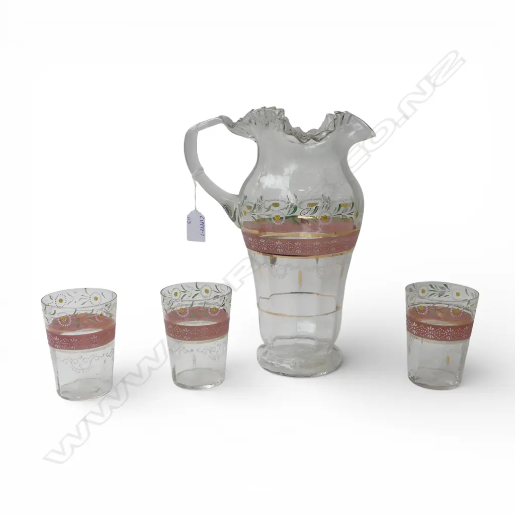 HAND BLOWN HAND PAINTED JUG w. 3 GLASSES H.295mm Image 1++