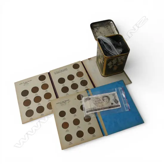 TIN OF COPPER COINS, 2 ALBUMS + $1 NZ BANK NOTE