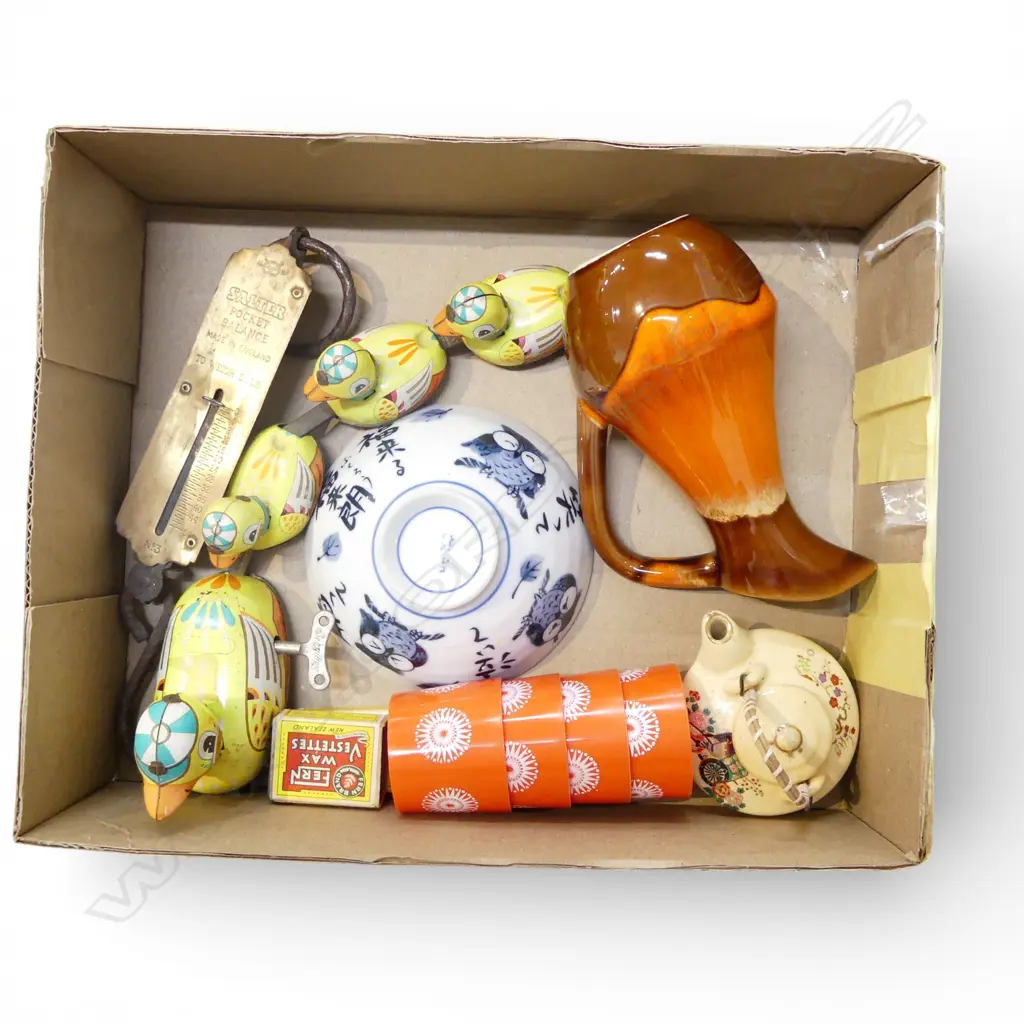 VINTAGE; SLATER HAND SCALES, TIN TOY DUCKS ETC, lava glaze vase sml loss to rim Image 1++