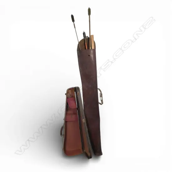 LEATHER GUN CASE L.1200mm, RULER, 3 GUN CLEANING RAM RODS + VIOLIN CASE