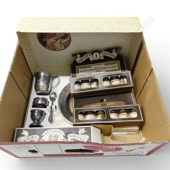 VINTAGE DISPLAY SET 12 SMITH'S SNUFFS BOTTLES & GERO ZILVIUM PLATED CHILD'S DINNER TABLE SET