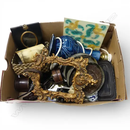 ASST. ITEMS; TILES, STUDS, HORN CUP, SUNGLASSES, FRAMES, ETC