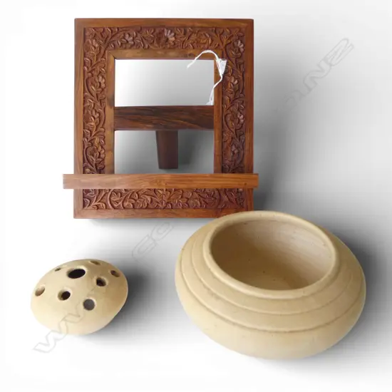 CARVED ROSEWOOD BOOK STAND + POTTERY BOWL with flower frog