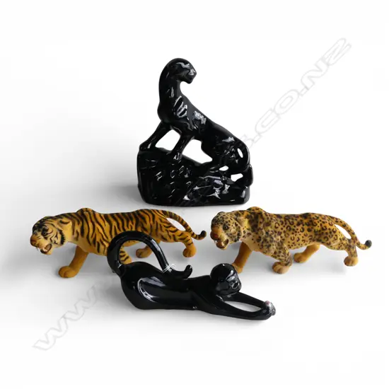 4 ANIMALS; BLACK CERAMIC PANTHER & MONKEY + 1 TIGERS + 1 LEOPARD L.330mm