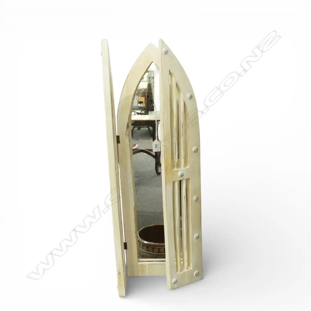 WHITE PAINTED GOTHIC STYLE MIRROR w. SHUTTERS 755x245mm Image 1++