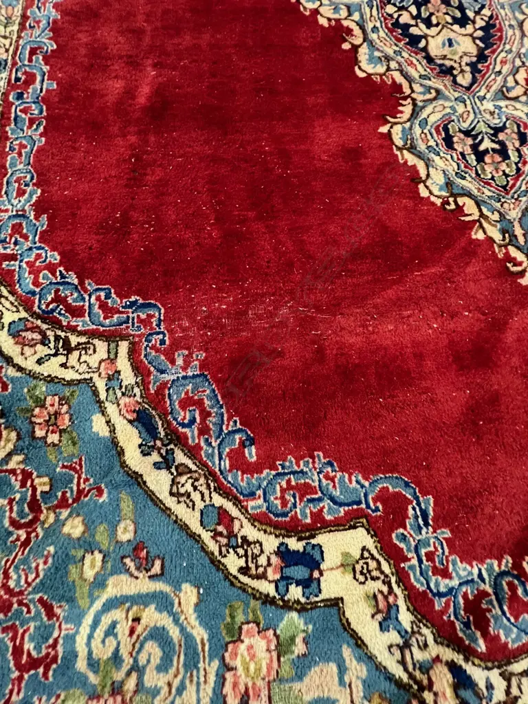 Very large Persian Kerman hand knotted carpet w curvilinear tendril design. Red ground. 5050 x3500mm. Some threads bare Image 1++