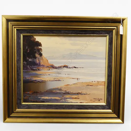 PETER J. WALLERS 'RANGITOTO FROM CASTOR BAY' OIL ON BOARD 1987 285x350mm